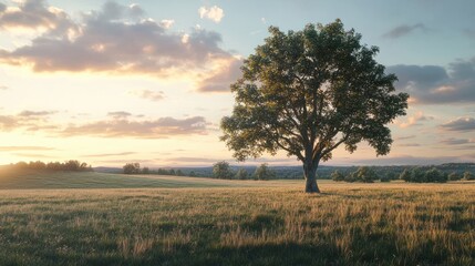 Obraz premium Isolated tree in field at sunset