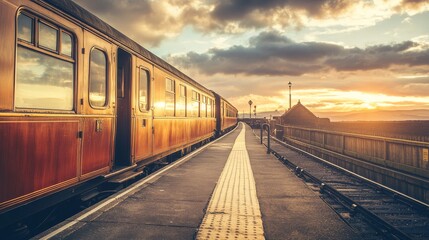 A quiet countryside station features a vintage train carriage bathed in golden sunlight