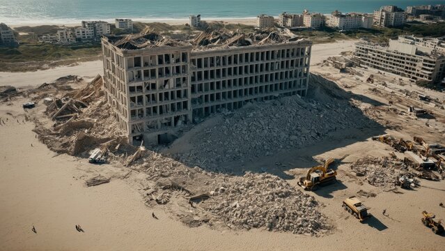 Severely damaged beachfront building, illustrating coastal destruction and structural collaps