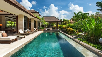 Luxurious bali villa outdoor pool area with modern furniture and tropical landscaping elements