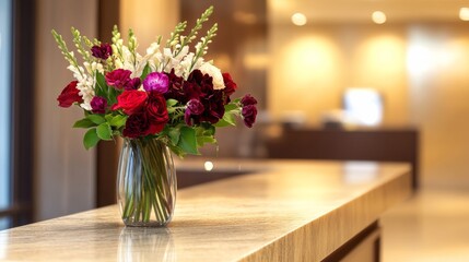 An inviting hotel reception showcases a stunning floral arrangement beside the desk