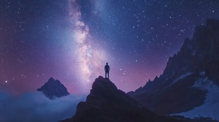 Fototapeta premium Milky Way arch and man on the mountain peak at starry night Silhouette of alone guy blue sky with bright stars in summer Galaxy Space background Landscape with arched milky way Travel. : Generative A