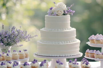 Fototapeta premium Close up of a luxury wedding buffet featuring layered cake with flowers, muffins and decorated with flowers