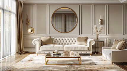 A sophisticated transitional living room with a mix of neutral tones and luxurious textures