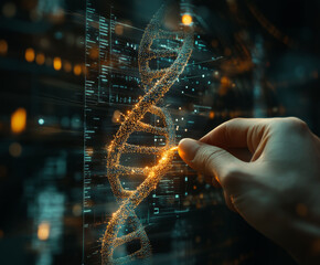 Man's hand operating a virtual golden DNA on a virtual screen