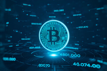 Obraz premium A glowing Bitcoin symbol against a futuristic digital backdrop, representing blockchain technology and cryptocurrency market data.