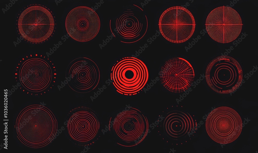 Poster red concentric circle set. radial sonar or sound wave ring collection. halftone, dashed and dotted l