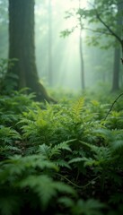 Fototapeta premium Lush ferns in misty forest, soft sunlight filtering through trees, tranquil atmosphere, copy space
