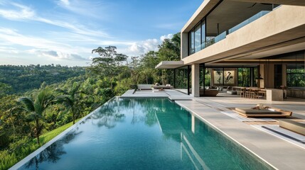 Modern tropical villa with infinity pool overlooking lush green landscape.