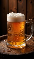 Pint of beer with foamy head on wooden barrel, rich color and texture, cozy atmosphere, copy space