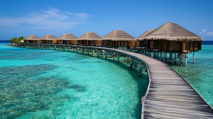 Fototapeta premium Tropical bungalows stretch over shimmering waters inviting relaxation and adventure