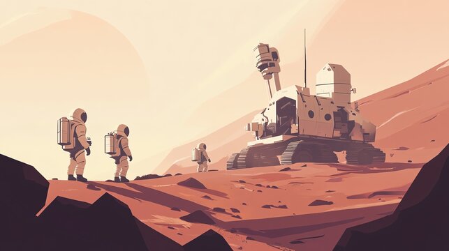 2D flat minimal design of astronauts building a colony on Mars, simple shapes and muted colors showcasing the beginning of space colonization