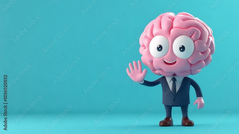 Poster a cheerful cartoon brain in a suit waves hello happily, representing concepts of intelligence and cr