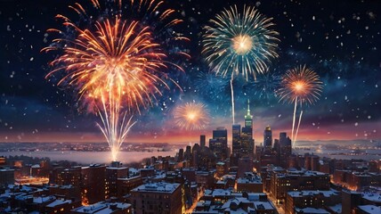 Naklejka premium Fireworks over a snow-covered city at night.