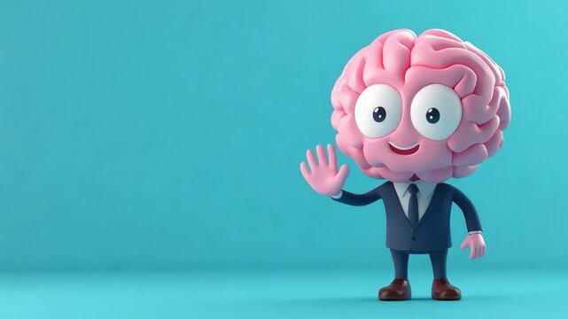A cheerful cartoon brain in a suit waves hello happily, representing concepts of intelligence and creativity on a bright blue backdrop with copy space