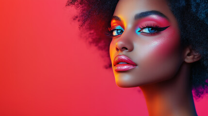 Obraz premium Black woman with animalistic Halloween makeup. Banner with copy space