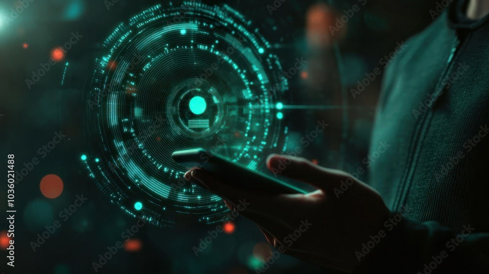 Poster person holding smartphone with digital hologram icon of a user profile in a futuristic tech interfac