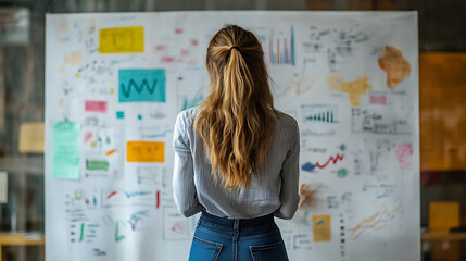A woman stands in front of a white board with a lot of graphs and charts