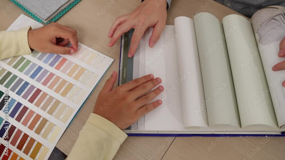 Poster slow motion hand closeup architect and interior designer presenting textile material and color from 