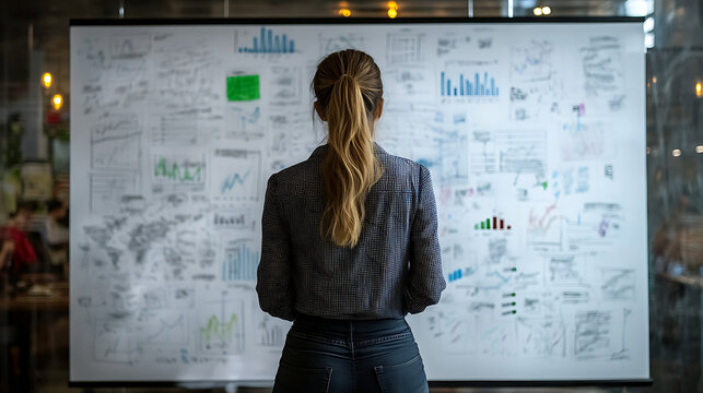 A woman stands in front of a large white board with many graphs and charts