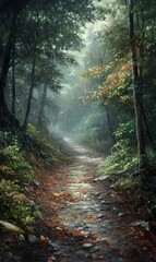 Obraz premium Rainy forest path through misty woods.