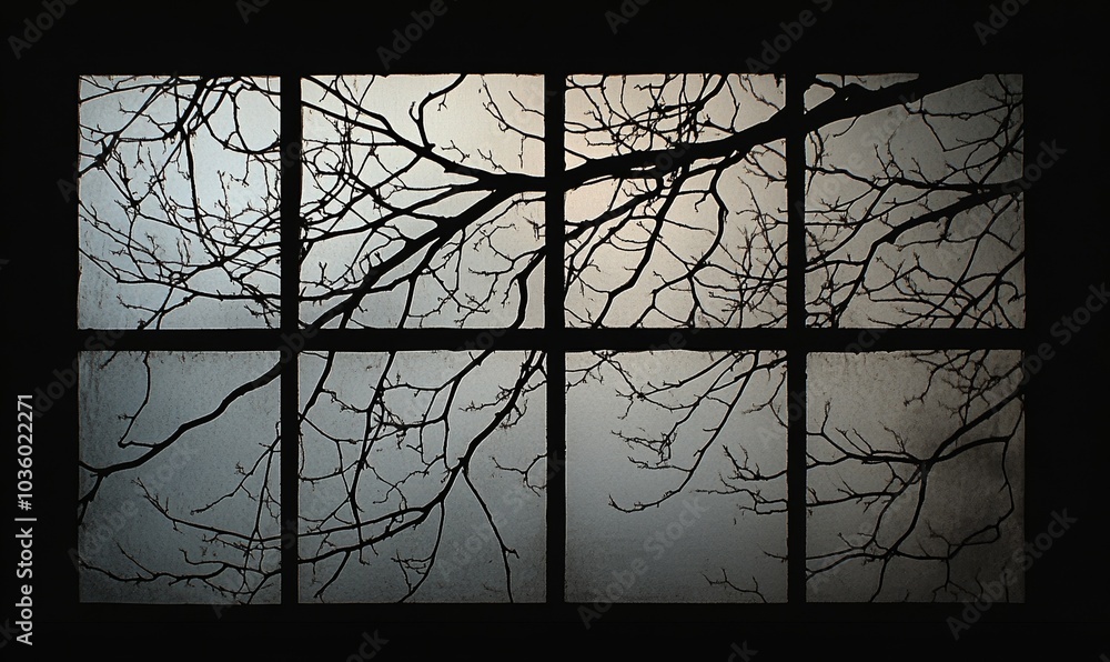 Poster silhouette of window and tree branches on black. gobo mask for light source
