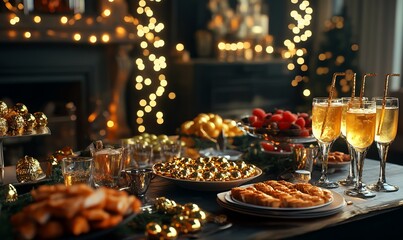 New Year's Eve party table with a variety of appetizers, cocktails, and a centerpiece of golden decorations, ready for the celebration