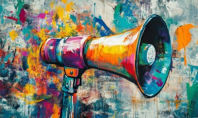 Megaphone, vibrant art and freedom of expression. Colorful, dynamic and energetic communication through art for liberty, creativity and social change. Inspiring visual message for a diverse audience