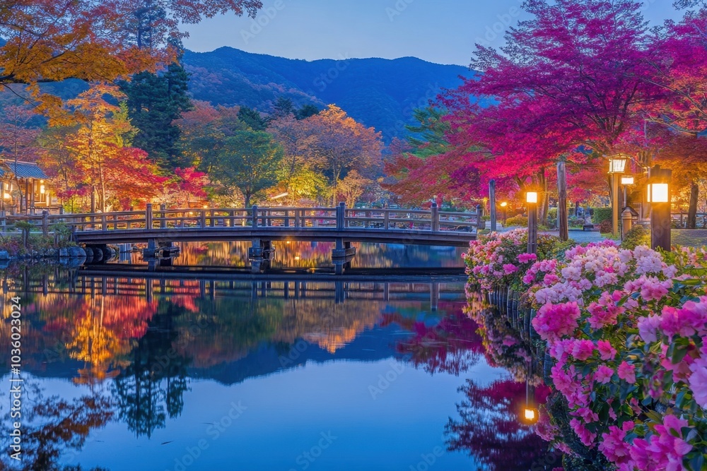 Aufkleber kawaguchiko's autumn leaves at night, illuminated by lights and the colorful foliage of maple trees 