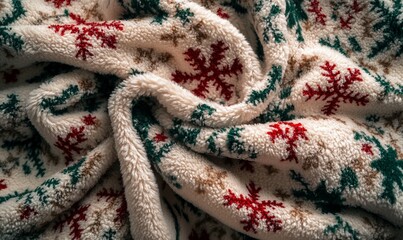 Fototapeta premium Soft texture of a Christmas fleece blanket, with its cozy, warm fabric featuring festive patterns