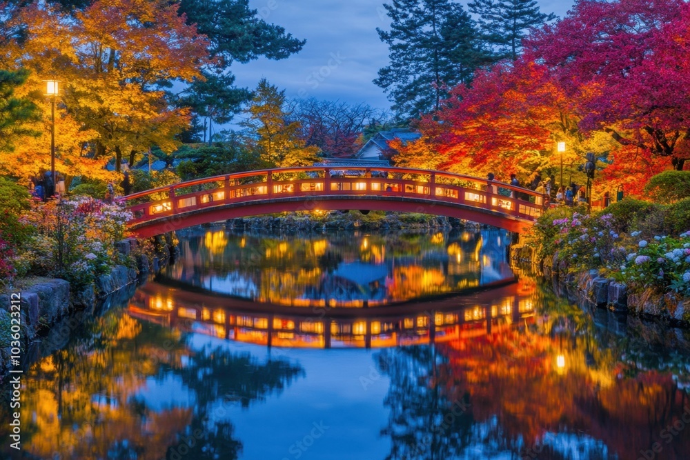 Aufkleber kawaguchiko's autumn leaves at night, illuminated by lights and the colorful foliage of maple trees 