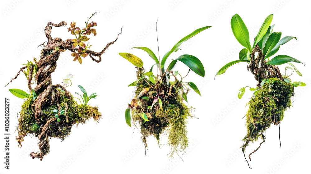 Poster collection of twisted wild orchids showcasing unique root structures generative ai