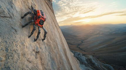 Advanced robotic explorer climbs rugged mountain cliff at sunset