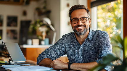 A man wearing glasses and a blue shirt is sitting at a desk with a laptop