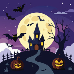 Full Moon Halloween Scene with Bats