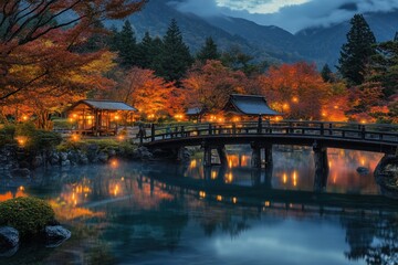 Fototapeta premium Night view of the Hachimantai hot spring park in Kawaguchiko, with colorful maple trees and lights illuminating paths along small bridges over clear lakes Generative AI