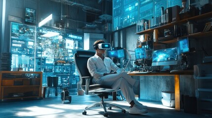 Obraz premium Startup founder in Silicon Valley office, surrounded by high-tech gadgets and virtual reality setups, modern business environment