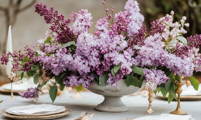 Fototapeta premium Spring wedding centrer piece with purple lilacs