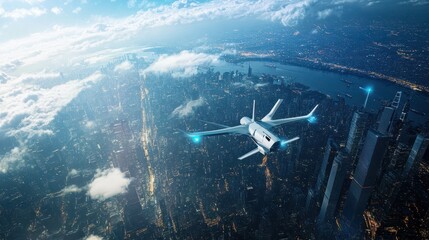 Naklejka premium Stratospheric drone atmosphere with high-tech surveillance, stratospheric drone atmosphere, advanced drone technology and aerial observation