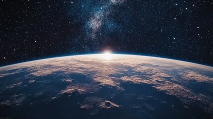 Stunning view of Earth from space with the Milky Way galaxy in the background, stars scattered...