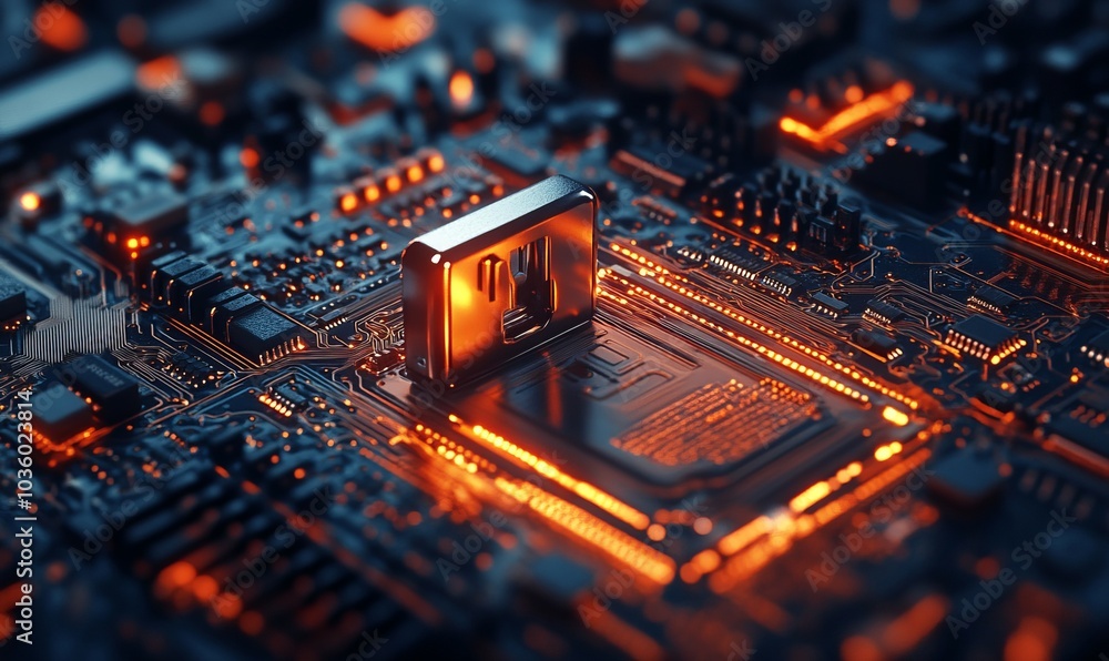 Poster internet digital security technology concept for business background. lock on circuit board