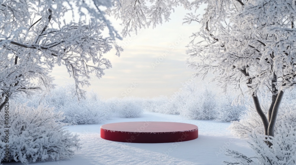 Poster a striking red circular platform stands alone in a serene winter wonderland, encircled by snow-laden