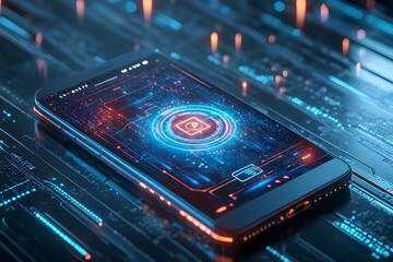 Obraz premium Futuristic Smartphone with Holographic Cybersecurity Display