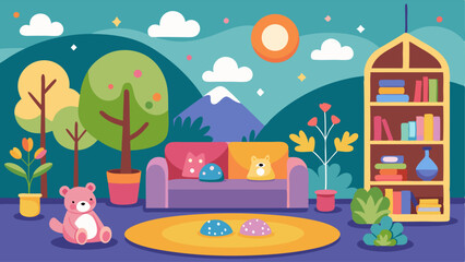 Obraz premium The childrens section is decorated with colorful murals and a cozy reading nook filled with plush pillows.