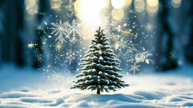Small Christmas Tree in Snowy Forest With Falling Snow and Sunshine
