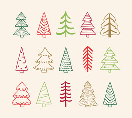 Obraz premium Colourful Christmas tree collection. Holiday ornaments. Vector illustration