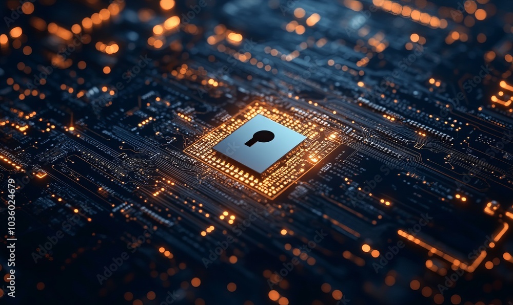Poster internet digital security technology concept for business background. lock on circuit board
