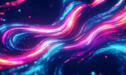 Swirling neon lights in vibrant colors create a dynamic flow against a dark background, capturing the essence of an electric nightlife atmosphere