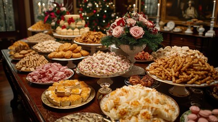 Fototapeta premium A lavish holiday spread featuring an assortment of delectable desserts and colorful floral arrangements on a beautifully decorated table
