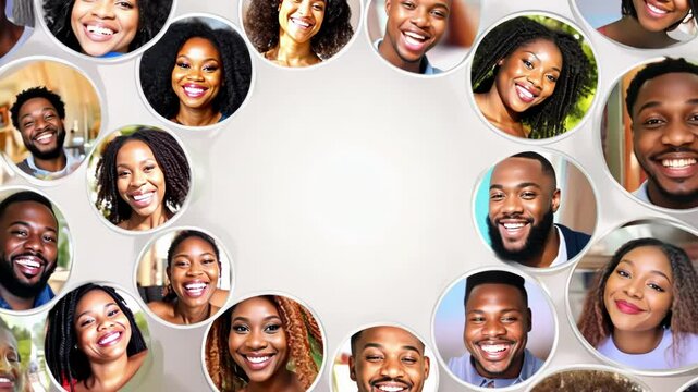 Diverse group of people smiling in a circular frame, promoting inclusivity and unity, with bright expressions of joy and connection.
